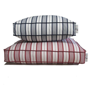 Cotton blue & white striped dog bed stacked on top Red and white striped dog bed