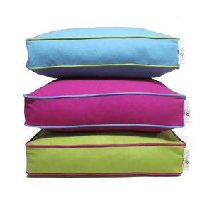 Eco friendly dog beds blue pink green contrast piping