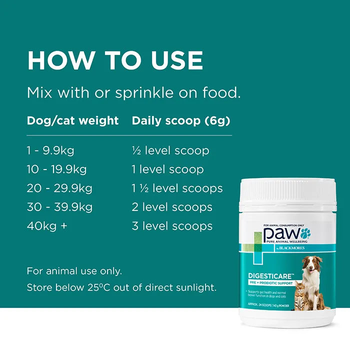 PAW by Blackmores Digesticare™ Probiotic Powder for Dogs and Cats | Supports Dog or Cat’s Gut Health |143g