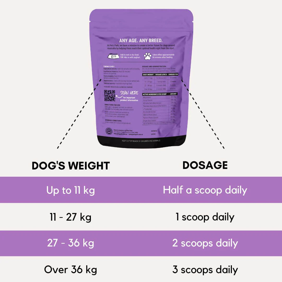 Petz Park Stress and Anxiety for Dogs - Dog Anxiety Supplement - Decreases Stress, Calms Fear & Anxiety, Eases Aggression + Insomnia, Relaxes Body and Mind - 180g Powder 90 Scoops