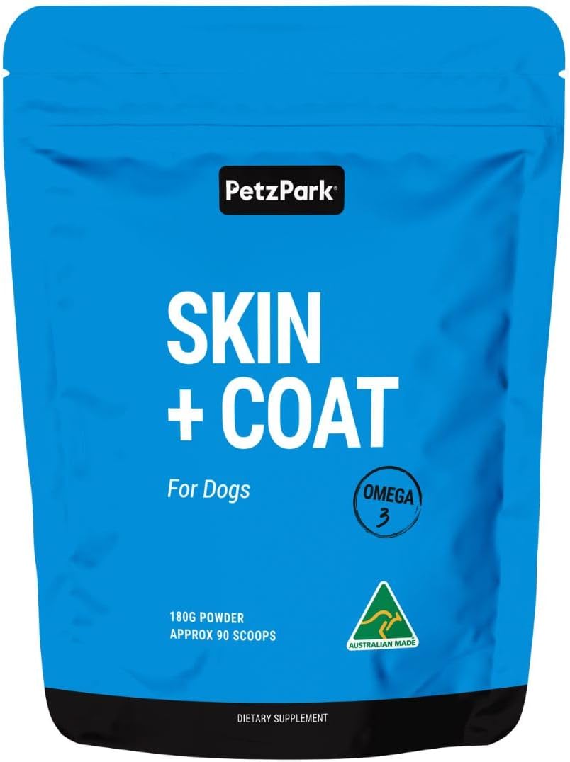 Petz Park Skin and Coat for Dogs - Omega 3 Supplement for Dog - Restores Skin, Reduces Shedding, Allergy & Immune Support - EPA DHA Dog - 180g Powder 90 Scoops - Made in Australia
