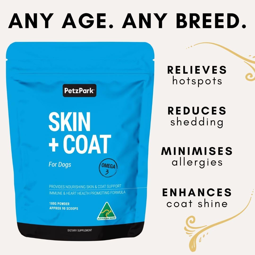 Petz Park Skin and Coat for Dogs - Omega 3 Supplement for Dog - Restores Skin, Reduces Shedding, Allergy & Immune Support - EPA DHA Dog - 180g Powder 90 Scoops - Made in Australia