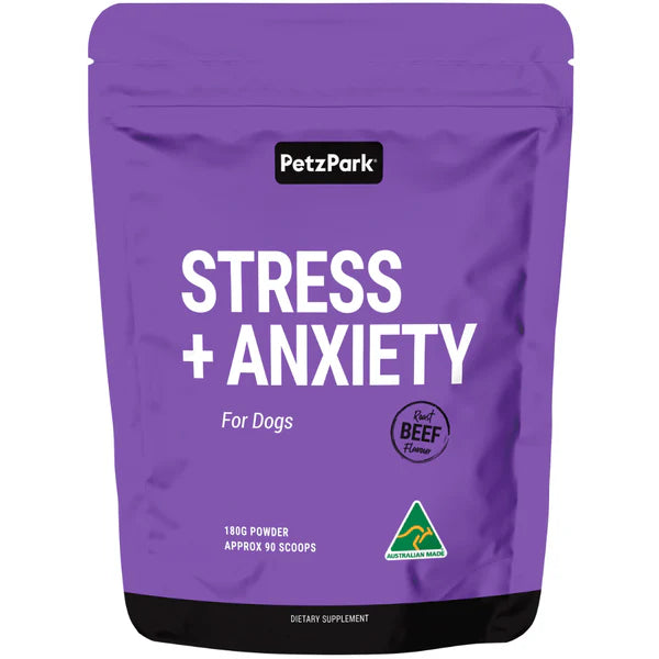 Petz Park Stress and Anxiety for Dogs - Dog Anxiety Supplement - Decreases Stress, Calms Fear & Anxiety, Eases Aggression + Insomnia, Relaxes Body and Mind - 180g Powder 90 Scoops