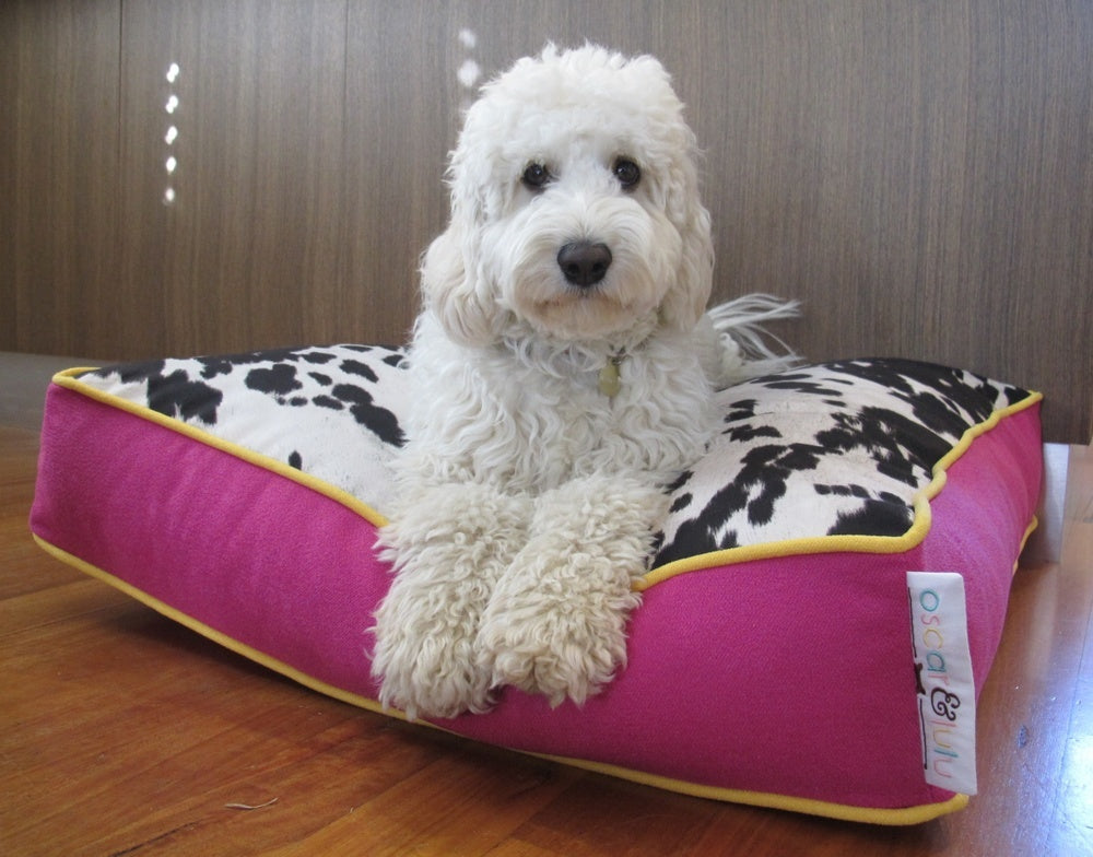 Frankie Designer Dog Bed – Faux Cowhide Luxury, Durable & Cozy – S, M, L