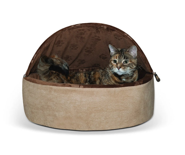 K & H Self Warming Hooded Kitty Bed Chocolate & Tan