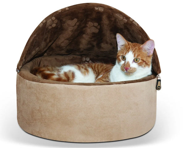 K & H Self Warming Hooded Kitty Bed Chocolate & Tan