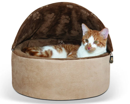 K & H Self Warming Hooded Kitty Bed Chocolate & Tan