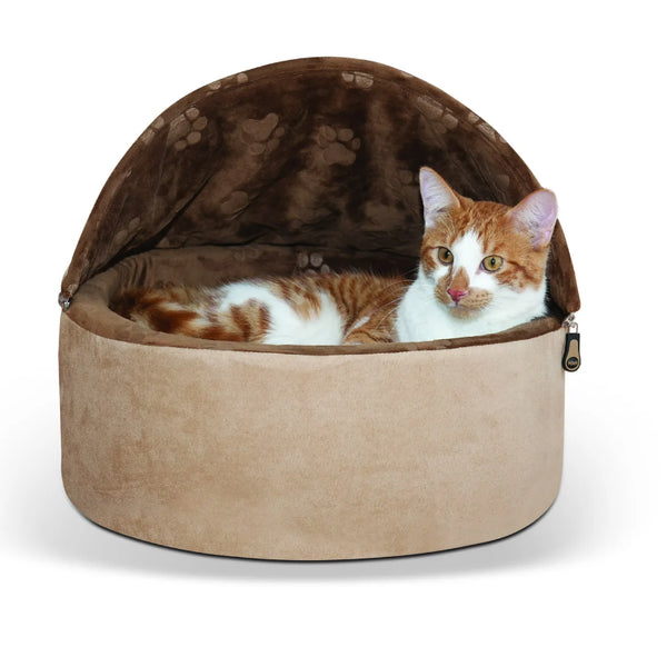 K & H Self Warming Hooded Kitty Bed Chocolate & Tan