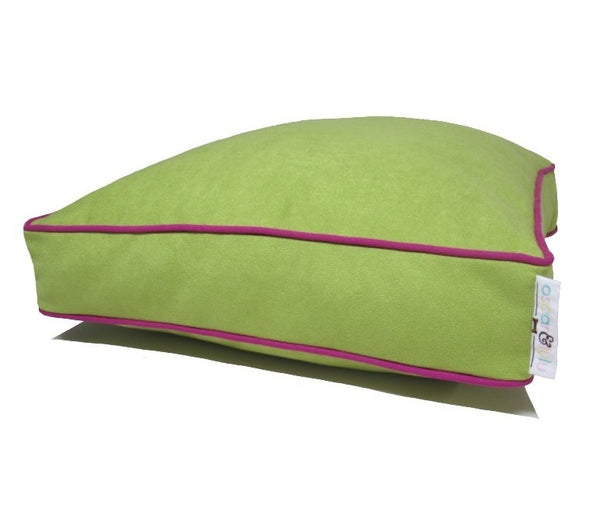 Light green dog bed with hot pink piping